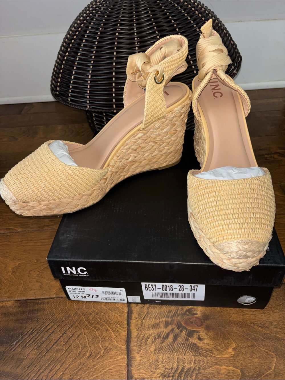 INC International Concepts Beige Woven Espadrille Wedge Sandals with Ankle Tie